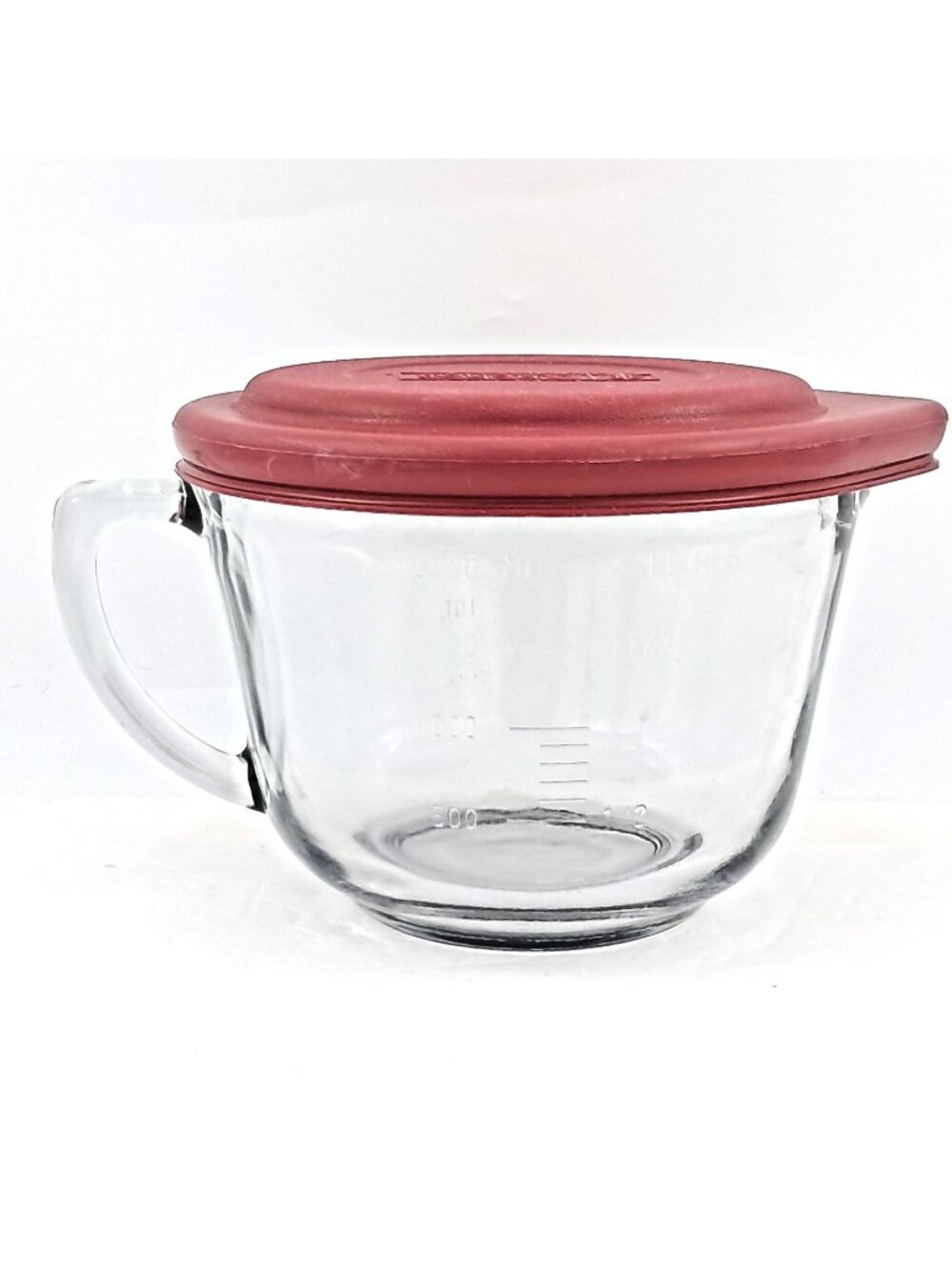 Vintage Anchor Hocking 8 Cup Glass Measuring Bowl With Red Lid-USA Made